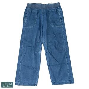 Women’s Pull-On Denim Pants Blue Elastic Waist Wide Leg Jeans Pockets Size XL